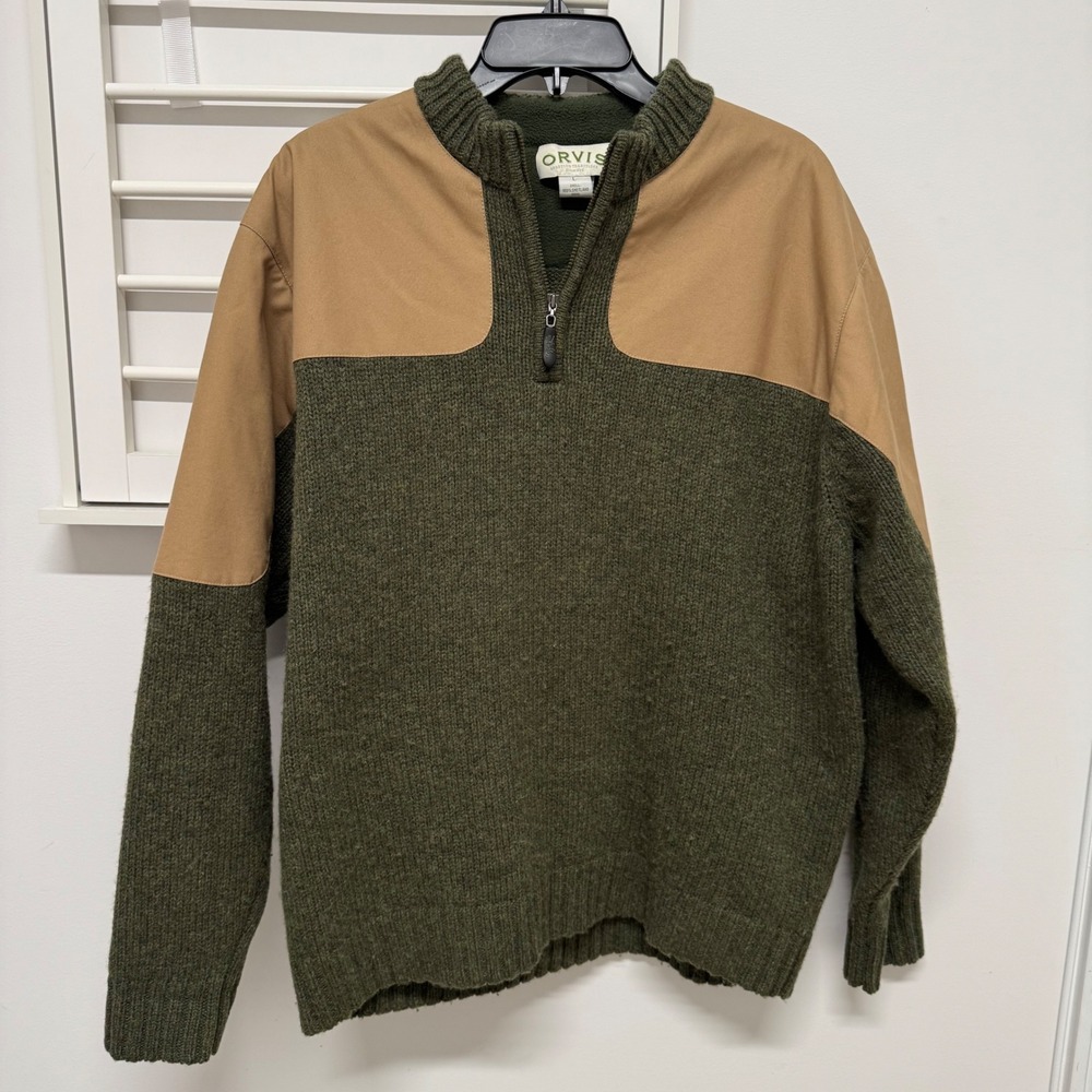 VTG Orvis Men Large Shetland Wool Quarter Zip Sweater Waxed Cotton Patches Olive